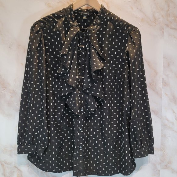 George Black Diamond Print Ruffle Front Button Down 3/4 Sleeve Blouse